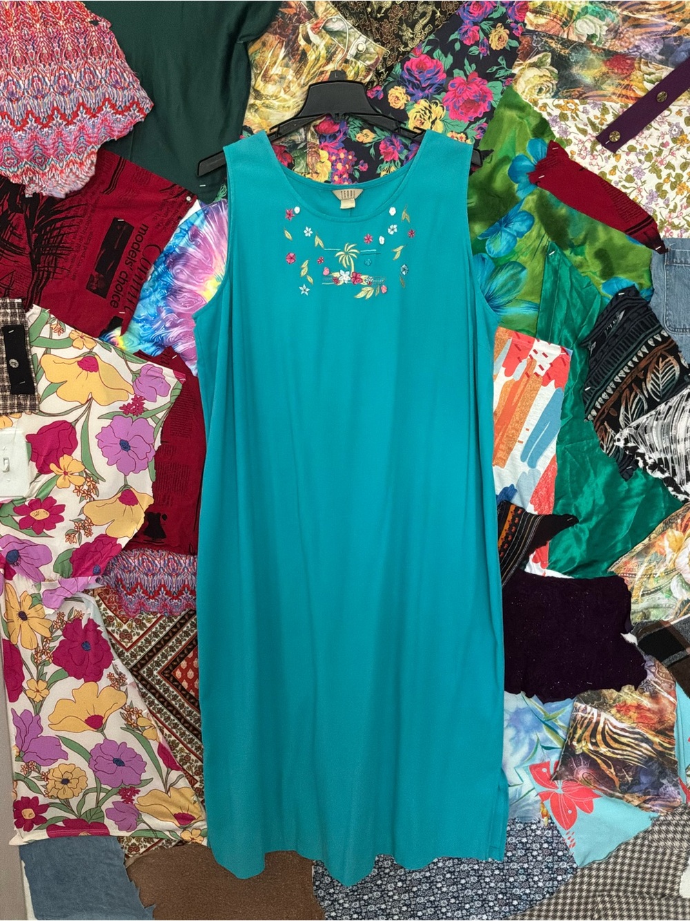 Teddi Teal Embroidered Floral Shift Dress